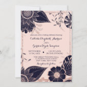 Roos Gold Navy Pink Floral Glitter Border Wedding Kaart (Voorkant)