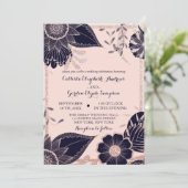 Roos Gold Navy Pink Floral Glitter Border Wedding Kaart (Staand voorkant)