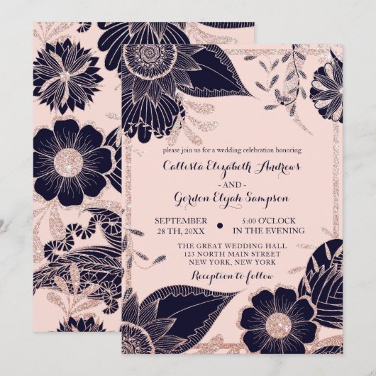 Roos Gold Navy Pink Floral Glitter Border Wedding Kaart (Voorkant / Achterkant)