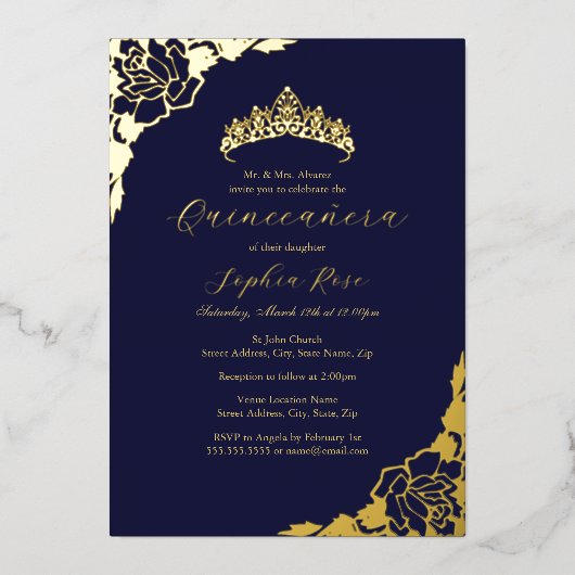 Roos Gold Navy Quinceanera Verjaardag Folie Uitnodiging (Voorkant)