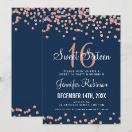 Roos Gold Navy Sweet 16 Birthday Glitter Confetti Kaart