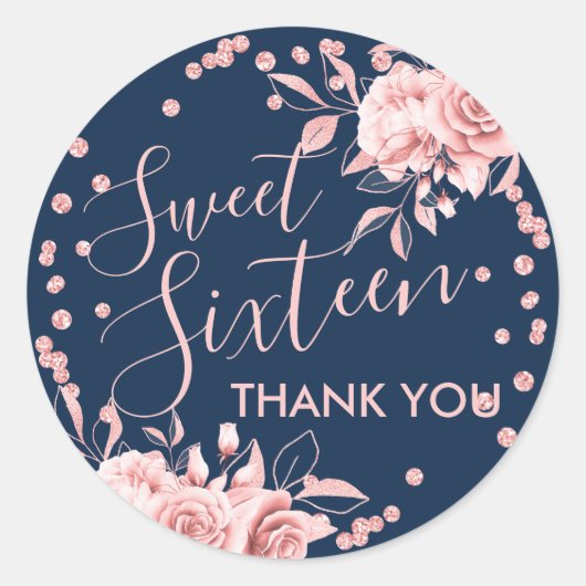 Roos Gold Navy Sweet 16 Dank u Floral Glitter Ronde Sticker (Voorkant)