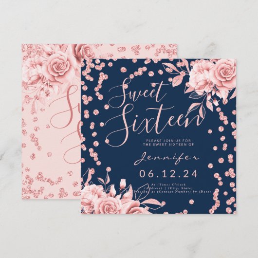 Roos Gold Navy Sweet 16 Glitter Confetti Bloemen Kaart (Voorkant / Achterkant)