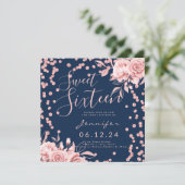 Roos Gold Navy Sweet 16 Glitter Confetti Bloemen Kaart (Staand voorkant)