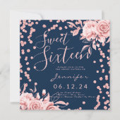 Roos Gold Navy Sweet 16 Glitter Confetti Bloemen Kaart (Voorkant)