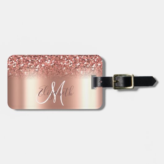 Roos Gold Ombre Glitter Metal Monogram Bagage Bagagelabel (Voorkant horizontaal)