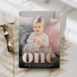 Roos Gold ONE First Birthday Foto Folie Uitnodiging