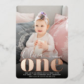 Roos Gold ONE First Birthday Foto Folie Uitnodiging (Voorkant)