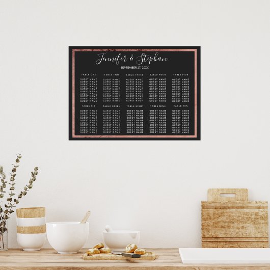 Roos Gold Outline Border Black Seating Chart Poster (Keuken)