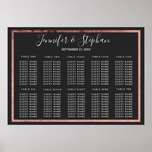 Roos Gold Outline Border Black Seating Chart Poster (Voorkant)