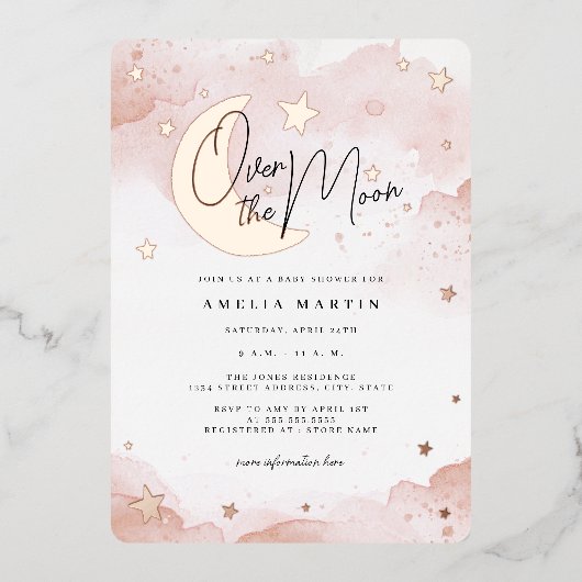 Roos Gold Over the Moon Blush Baby shower Folie Uitnodiging (Voorkant)