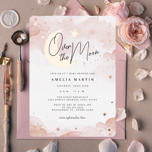 Roos Gold Over the Moon Blush Baby shower Folie Uitnodiging
