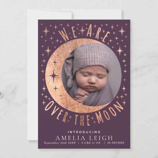 Roos Gold Over The Moon Fotogeboorteaankondiging Kaart (Voorkant)