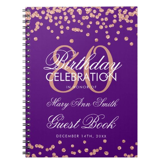 Roos Gold Paars 80e Birthday Guest Book Confetti Notitieboek (Voorkant)