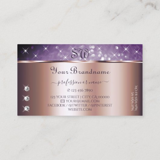 Roos Gold Paarse Glitter Stars Diamonds Visitekaartje (Achterkant)