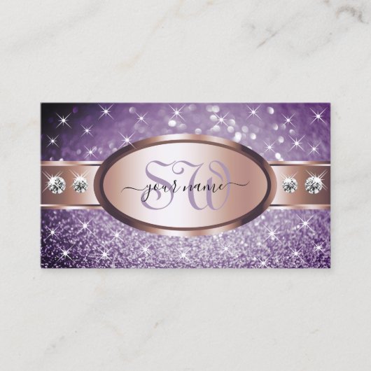 Roos Gold Paarse Glitter Stars Diamonds Visitekaartje (Voorkant)