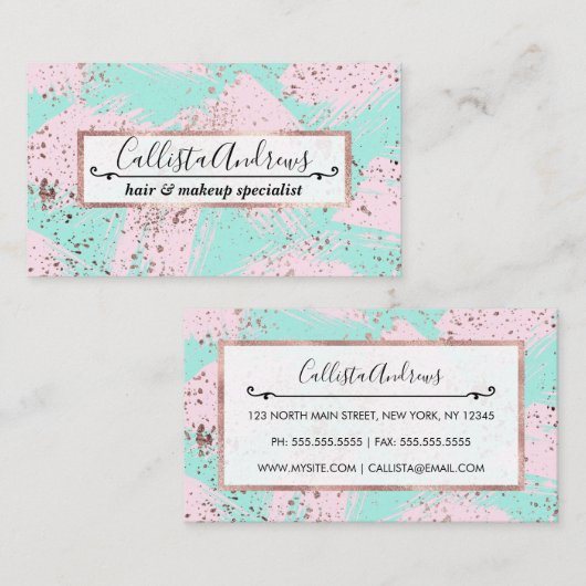 Roos Gold Paint Splatter Blush Pink Brushstrokes Visitekaartje (Voorkant / Achterkant)