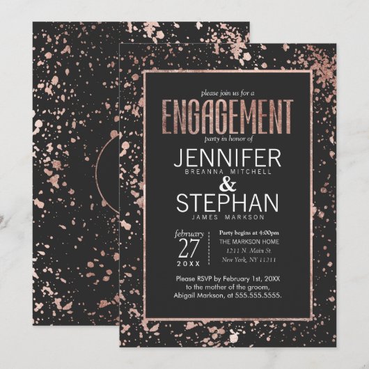 Roos Gold Paint Spletters Engagement Party nodigt Kaart (Voorkant / Achterkant)