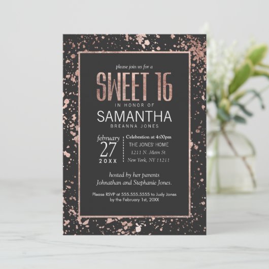 Roos Gold Paint Spletters Sweet 16 Invitations Kaart (Staand voorkant)