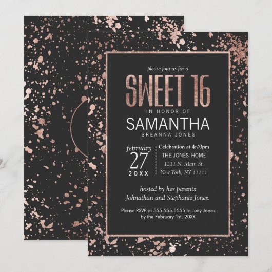 Roos Gold Paint Spletters Sweet 16 Invitations Kaart (Voorkant / Achterkant)