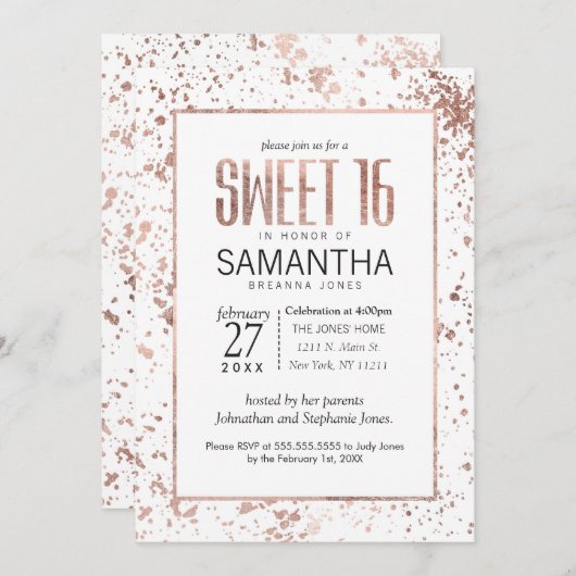 Roos Gold Paint Spletters Sweet 16 Uitnodigingen (Voorkant / Achterkant)