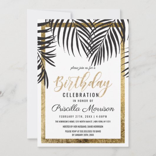 Roos Gold Palm Tree Fronds Black Modern Birthday Kaart (Voorkant)