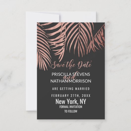 Roos Gold Palm Tree Fronds Black Modern Save The Date (Voorkant)