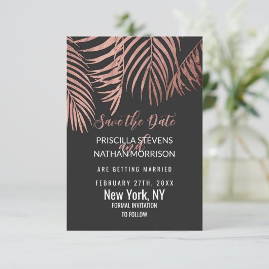 Roos Gold Palm Tree Fronds Black Modern Save The Date (Staand voorkant)