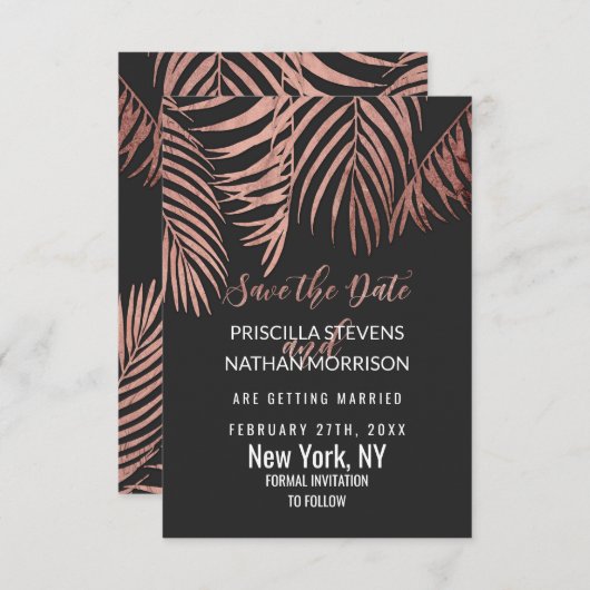 Roos Gold Palm Tree Fronds Black Modern Save The Date (Voorkant / Achterkant)