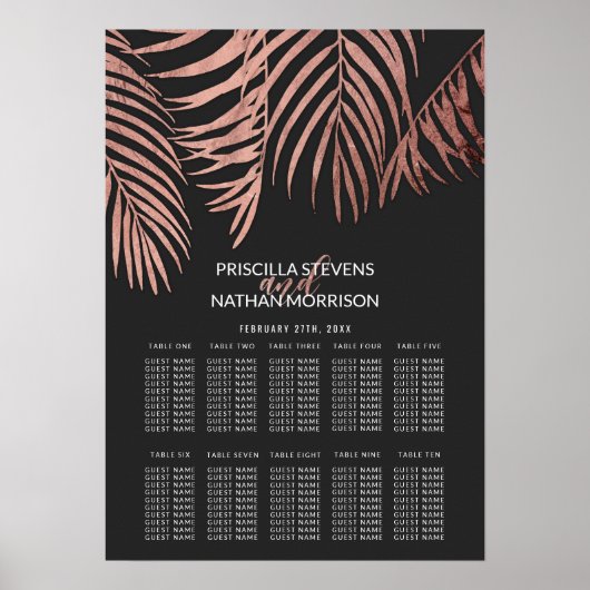 Roos Gold Palm Tree Fronting Black Seating Chart Poster (Voorkant)
