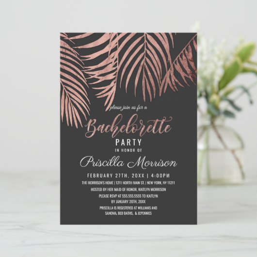 Roos Gold Palm Tree Fronts Black Bachelorette Kaart (Staand voorkant)