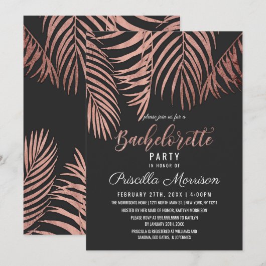 Roos Gold Palm Tree Fronts Black Bachelorette Kaart (Voorkant / Achterkant)