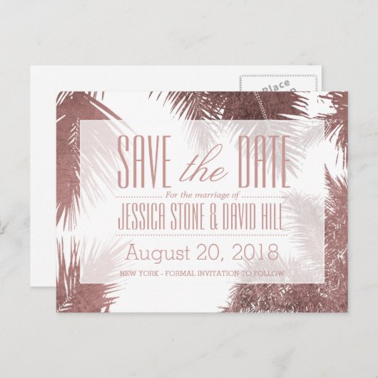 Roos Gold Palm Tree Tropical Wedding Save the Date Aankondigingskaart (Voorkant / Achterkant)