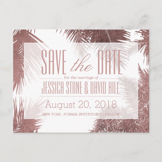 Roos Gold Palm Tree Tropical Wedding Save the Date Aankondigingskaart (Voorkant)