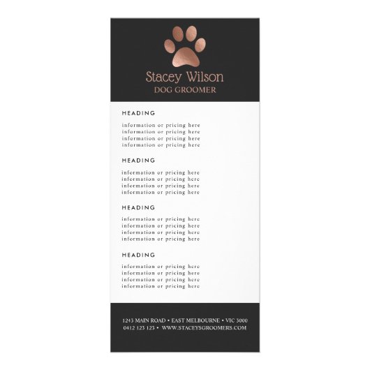Roos Gold Paw Print Logo Prijs / dienstenlijst Reclamekaart (Voorkant)