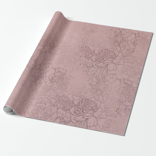 Roos Gold Peony Outline Pattern op Blush Pink Cadeaupapier (Uitgerold)