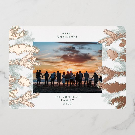 Roos Gold Pine Tree bestaat uit prettige kerstfoto Folie Feestdagenkaart (Voorkant)