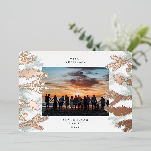 Roos Gold Pine Tree bestaat uit prettige kerstfoto Folie Feestdagenkaart (Staand Voorkant)