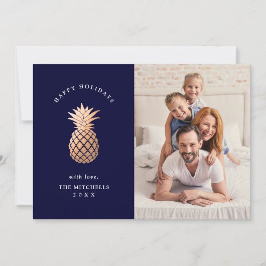 Roos Gold Pineappel op Navy Blue | Kerstfoto Feestdagenkaart (Voorkant)