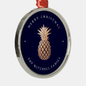 Roos Gold Pineappel op Navy Blue | Kerstmis Metalen Ornament (Rechts)