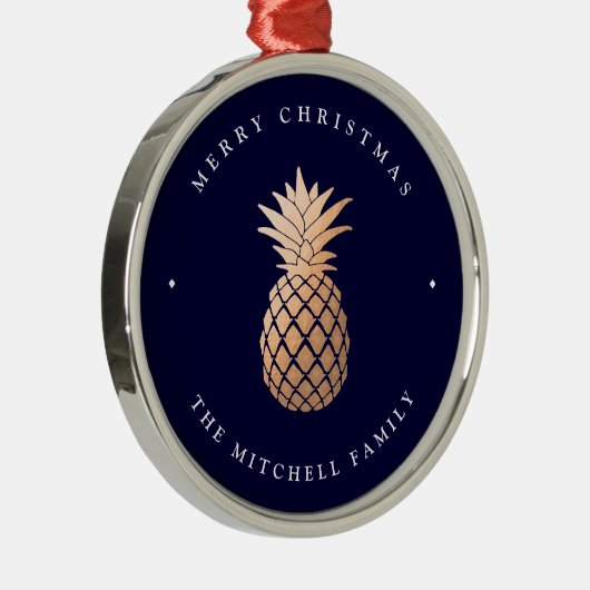 Roos Gold Pineappel op Navy Blue | Kerstmis Metalen Ornament (Rechts)