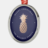 Roos Gold Pineappel op Navy Blue | Kerstmis Metalen Ornament (Links)
