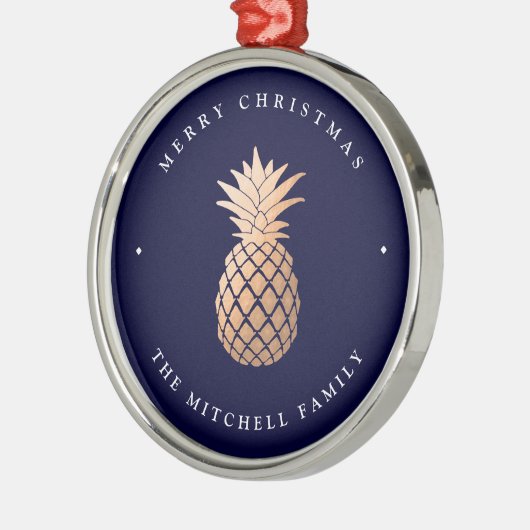 Roos Gold Pineappel op Navy Blue | Kerstmis Metalen Ornament (Links)