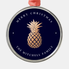 Roos Gold Pineappel op Navy Blue | Kerstmis Metalen Ornament