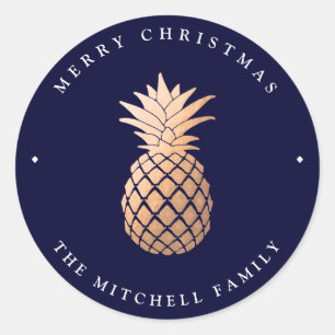 Roos Gold Pineappel op Navy Blue   Kerstmis Ronde Sticker