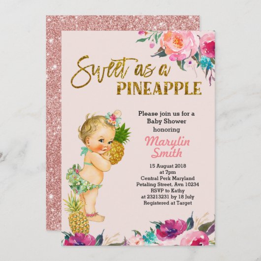 Roos Gold Pineapple Baby shower Invitation Kaart (Voorkant / Achterkant)