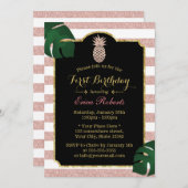Roos Gold Pineapple Moderne Stripes First Birthday Kaart (Voorkant / Achterkant)