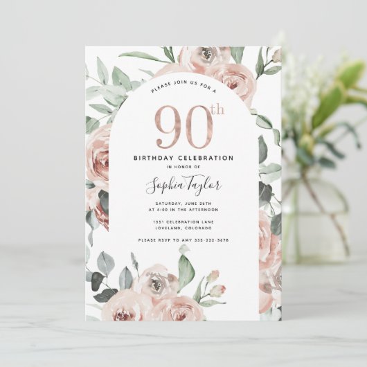 Roos Gold Pink 90e verjaardag Uitnodiging (Staand voorkant)