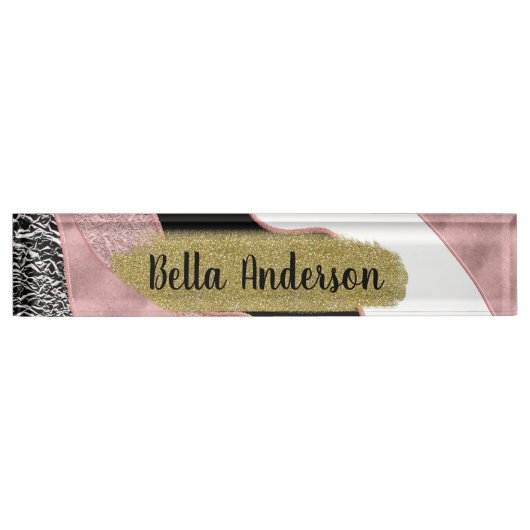 Roos Gold Pink Abstract Wave Modern Glam Trendy Naambordje (Voorkant)