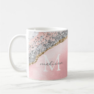Roos Gold Pink Agate Glitter Marble Monogram Naam Koffiemok